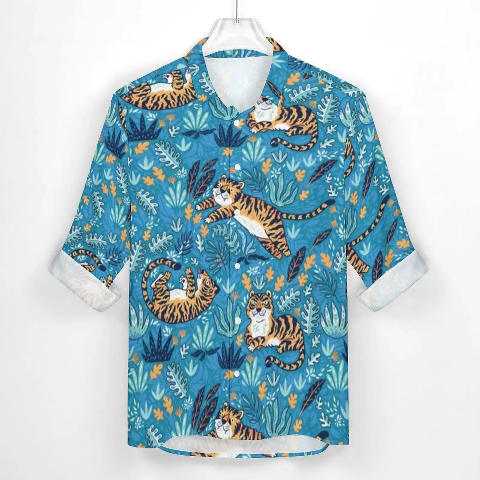 Wild Tiger Stylish Casual Shirt Male Jungle Leaf Print Shirt Spring Vintage Blouses Long Sleeve Design Oversized Tops