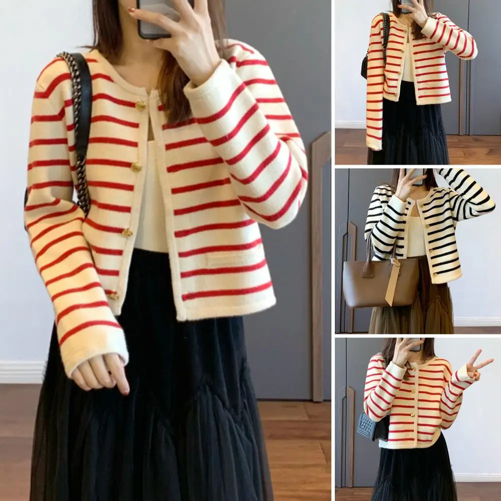 Women Short Knit Cardigan Chic Women's Striped Knit Cardigan Cozy Stylish Sweater Coat for Fall/winter with Single-breasted