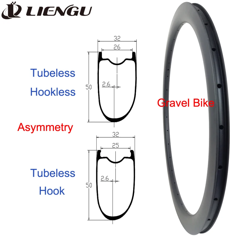 

700c Bike Carbon Gravel Rim Asymmetry 50mm Depth 32mm Width Hookless 26mm Hook 25mm Inner Wide Cyclo Cross Bicycle 700 Tubeless