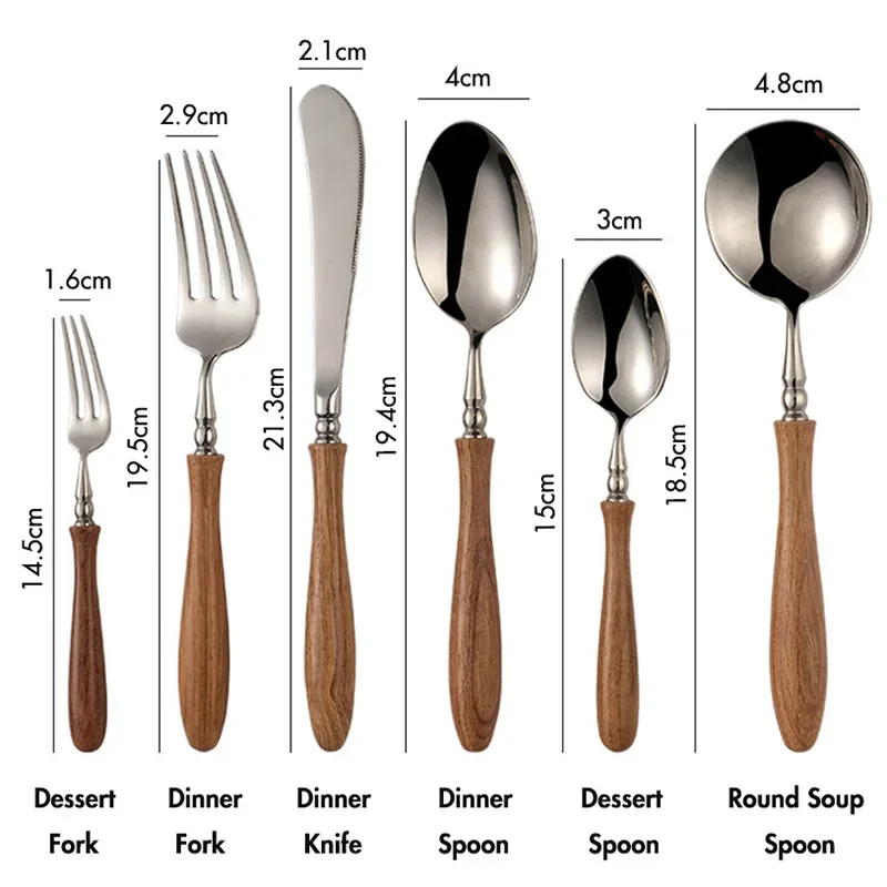 4/6-Piece 18/8 Stainless Steel Flatware/Cutlery Set, Fork Knife Spoon Set with Wood Handle, Serving Utensil Set