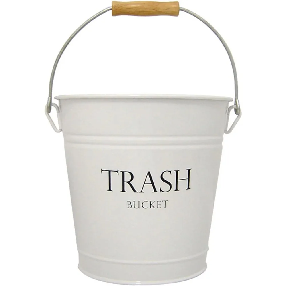 

iDesign 3.3-Gallon Metal Pail Trash Bucket Wastebasket with Wooden Handle, White