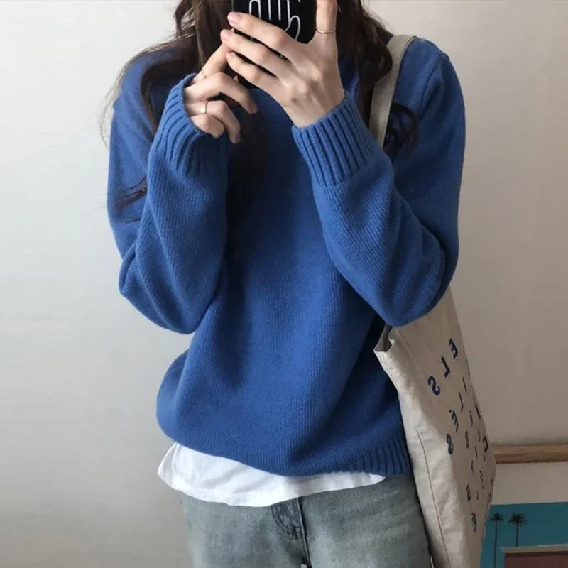 Autumn New Fashionable Casual Loose Round Neck High Quality Pullover Sweater Retro Elegant Solid Color Soft Comfort Women's Top