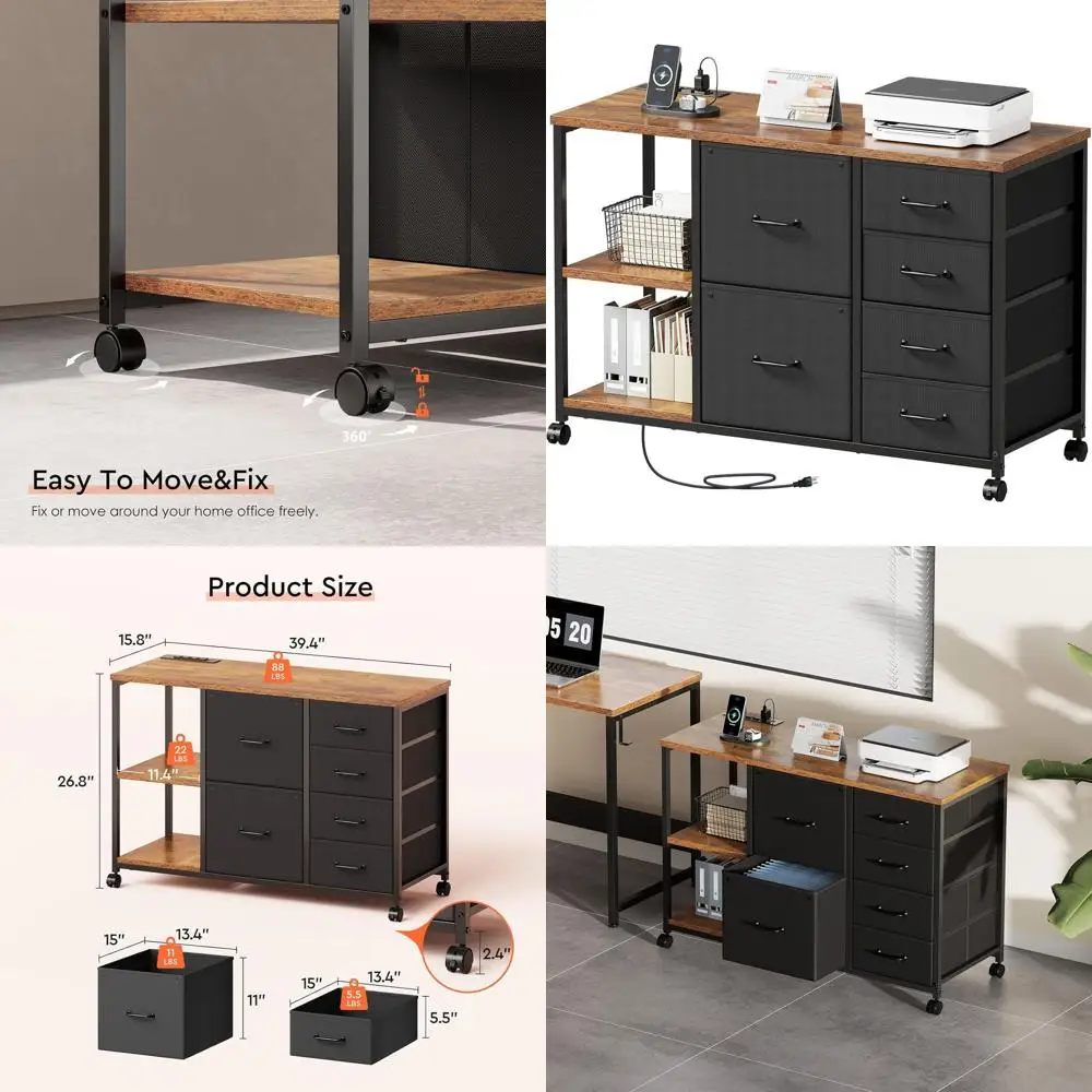 

Коричневый шкаф для документов в деревенском стиле с 6 ящиками, зарядной станцией и подставкой для принтера для домашнего офиса