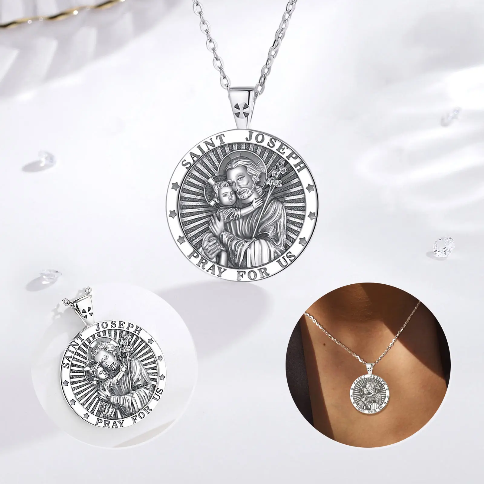 Eudora New 925 Sterling Silver Saint Joseph Necklace Religious Amulet Pendant Vintage Jewelry Men Women Personality Gifts