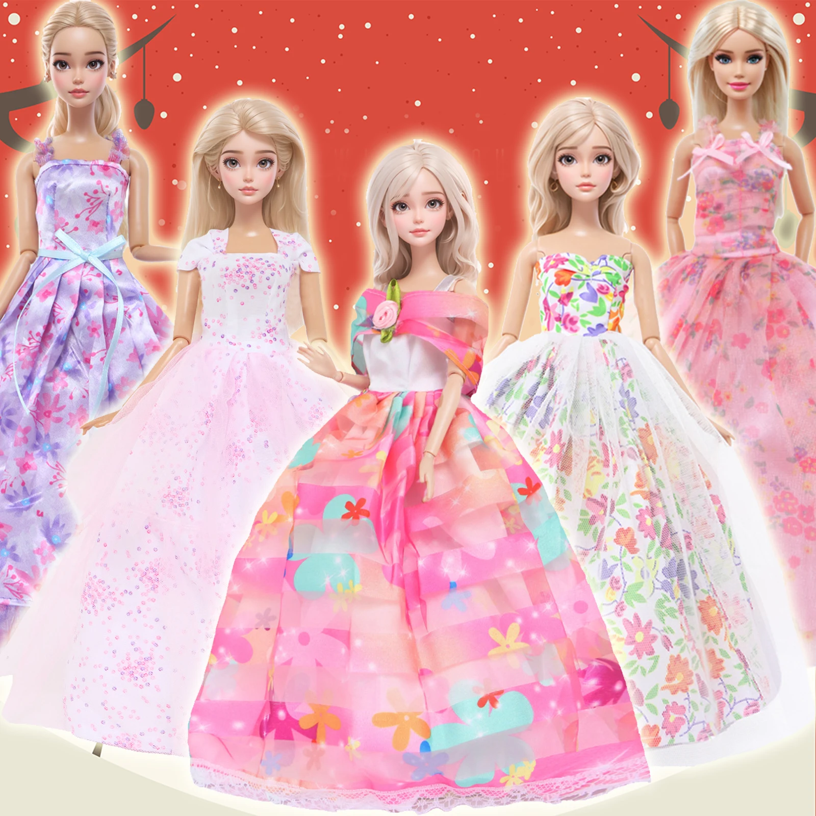 

5pcs Floral Wedding Dresses Flower Print Party Gown Princess Skirt Clothes for 11.8 Inch Doll Accessories 30cm 1/6 Kids Toy Gift