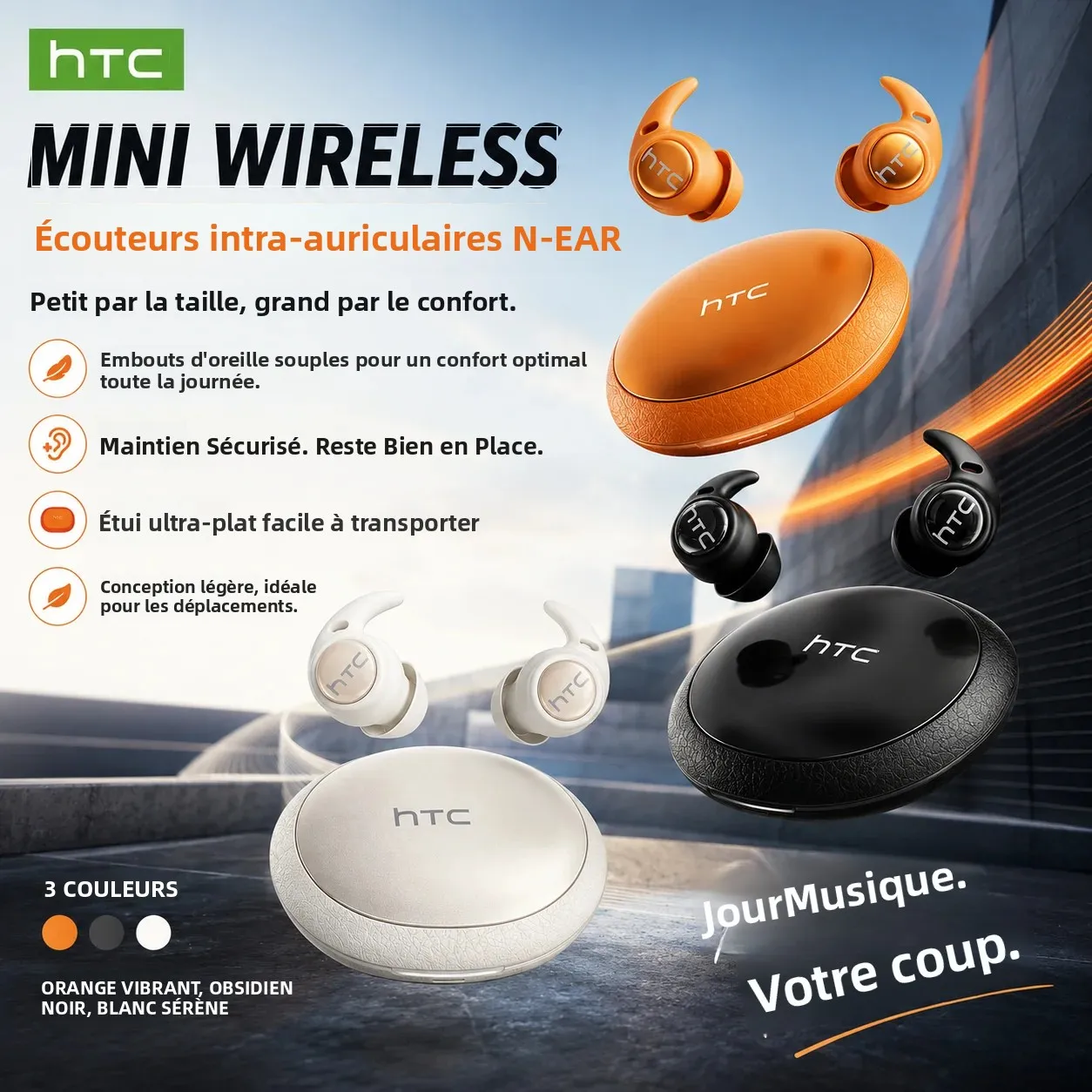 Écouteurs Bluetooth HTC NE76, mini écouteurs de sommeil, écouteurs sans fil, traducteur AI, réduction du bruit, longue autonomie