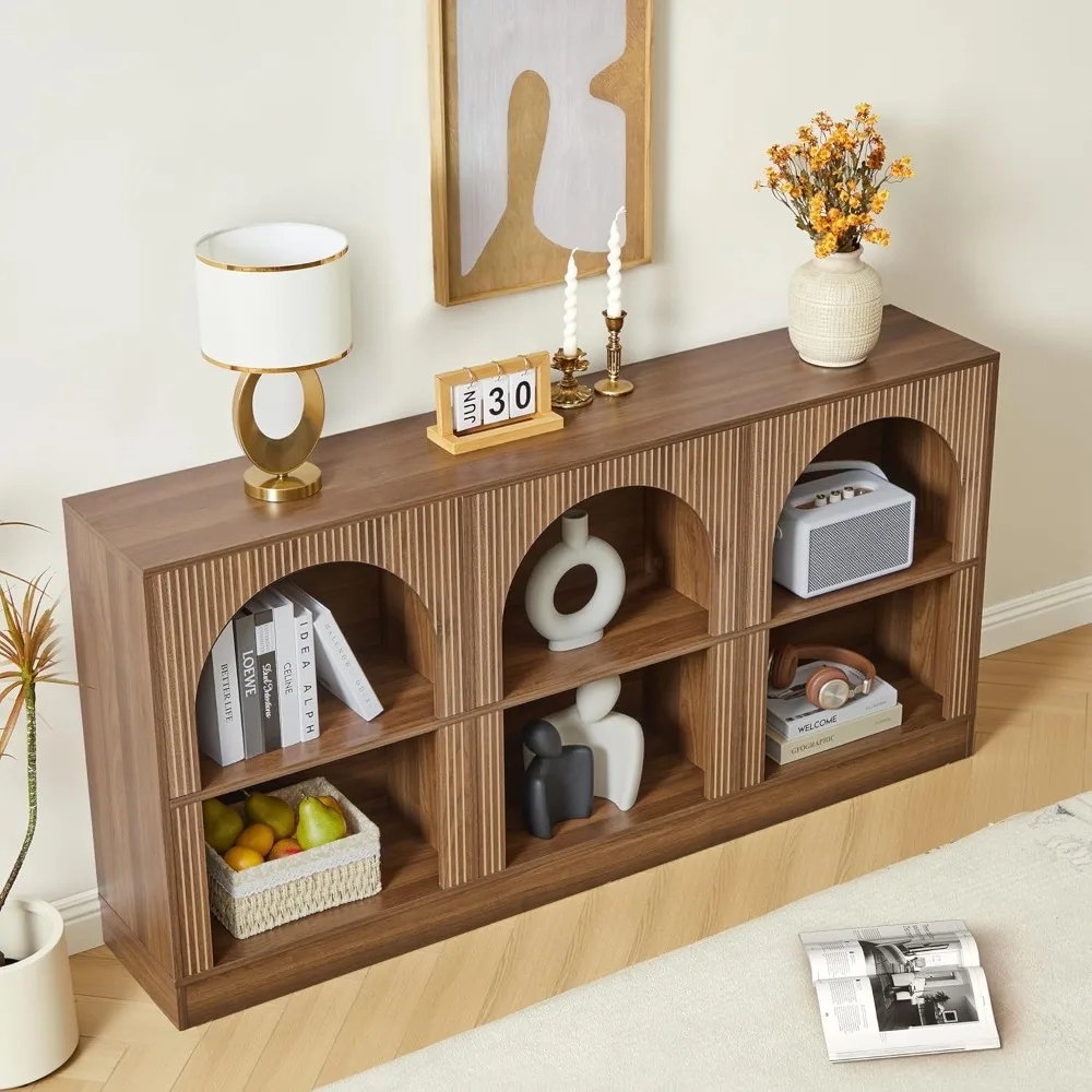 Console Table, with 3-Tier Open Storage, 63 Arched Entryway Table with Carved Fluted Panels, Rectangular Wooden Sofa Table