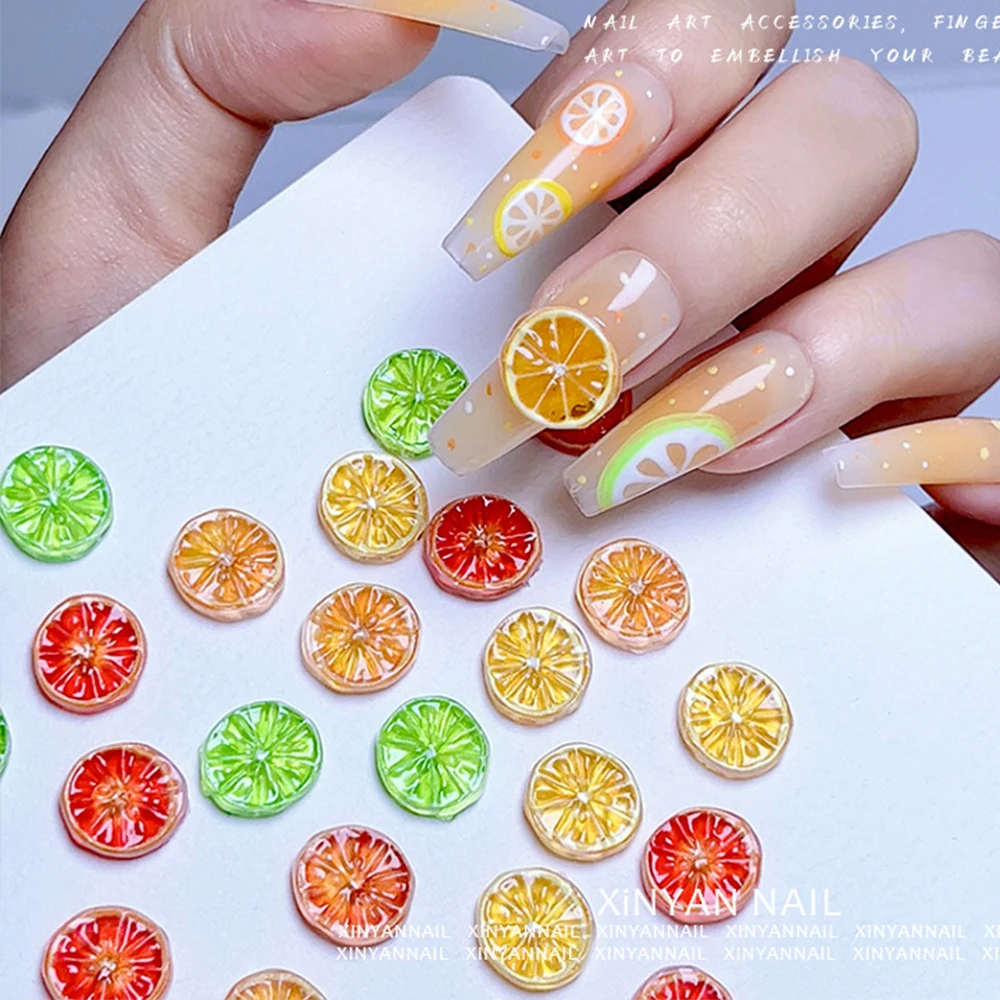 30Pcs 3D Resin Creative Fruit Lemon Slice Nail Charms Round/Crescent shaped Orange Realistic Nail Decoration Summer Nail Jewelry