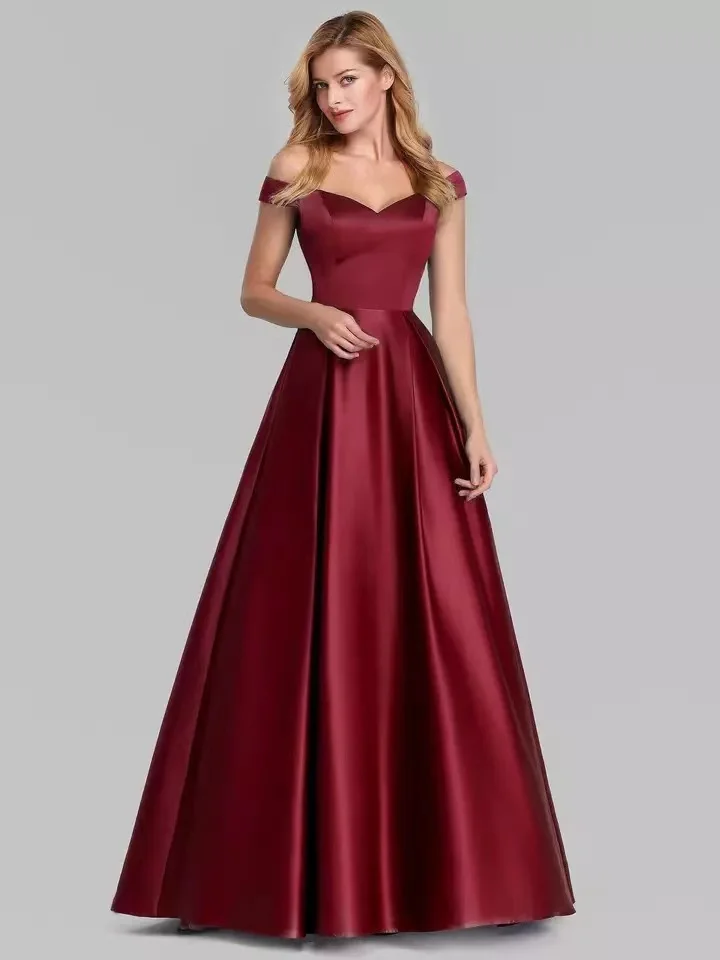 Burgundy Off Shoulder Satin Prom Dresses 2022 Women Navy Blue Evening Party Formal Bridesmaid Wedding Guest Maid of Honor Gowns