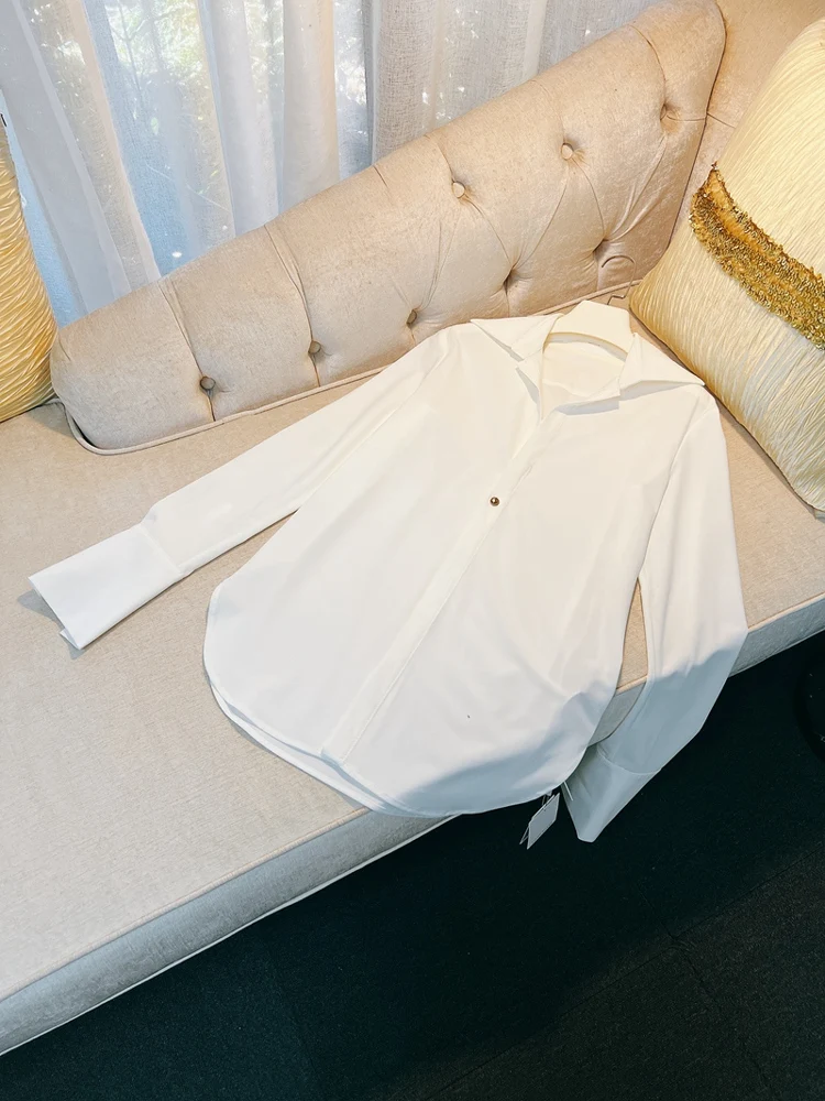 

Ele V-Ne Long Sve irt Women's Busin Casual Top Slimming Design oulder Appropriate White Color Commute Friendly