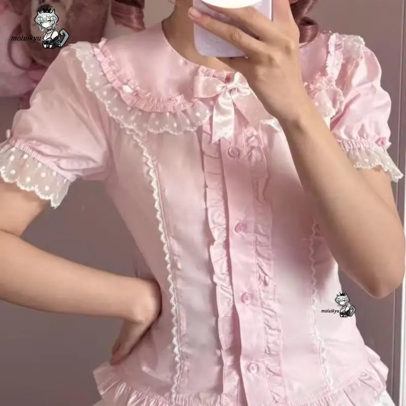 Kawaii Ruffles Blouses Spring Summer Japanese Puff Sleeve Fashion Women Shirts Retro Sweet Peter Pan Collar Harajuku Cute Tops