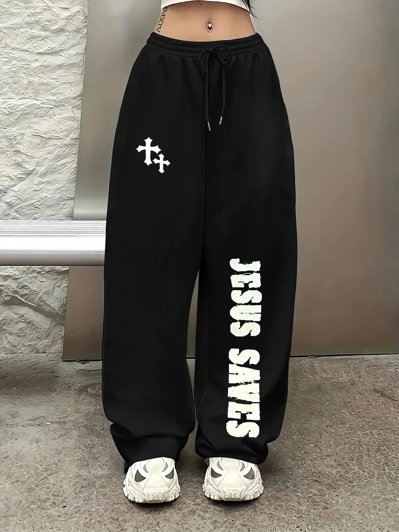 

Black Printed Pattern Jogging Pants, Jesus Salvation Design Drawstring Belt, Casual Street Style, Comfortable Winter Home Pants