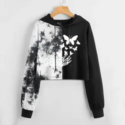 Black White Tie Dye Print Women Hoodies Streetwear Korean Teen Girls Crop Top Pullover Blouse Harajuku Clothes Jackets Sudaderas