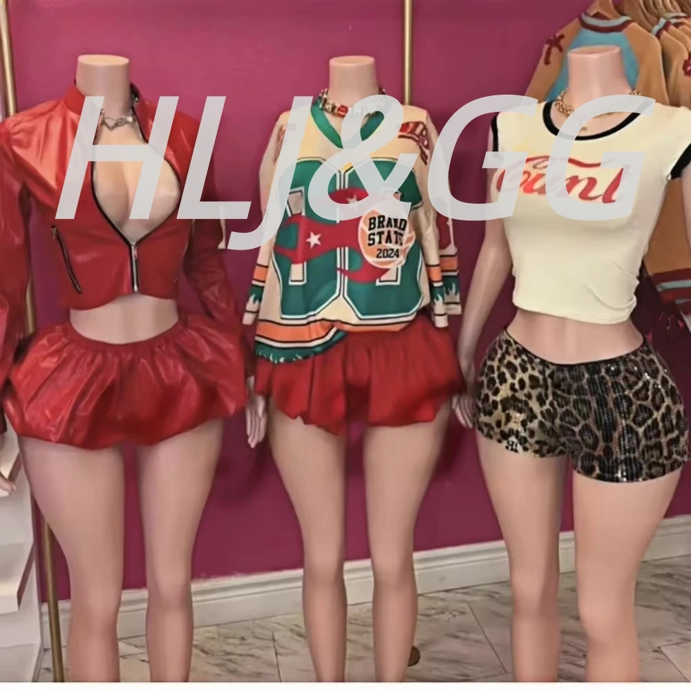 HLJ&GG Fashion Leather Zipper Jacket Two Piece Sets Women Long Sleeve Slim Crop Top And Puffy Mini Skirts Outfits Y2K Streetwear
