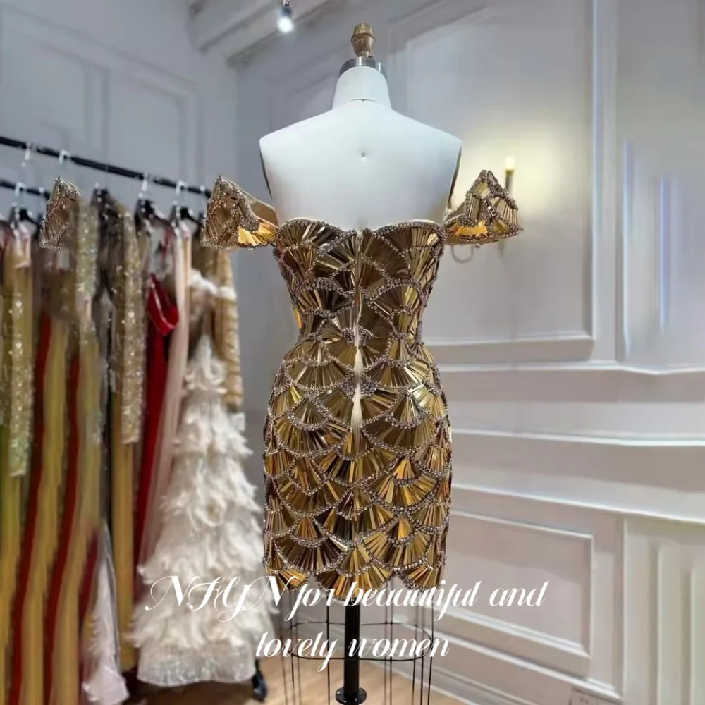 NFYN New Gold Short Elegant Evening Gown Sweetheart Cap Sleeve Scalloped Crystal Beaded Mini Cocktail Prom Party Gown Customized