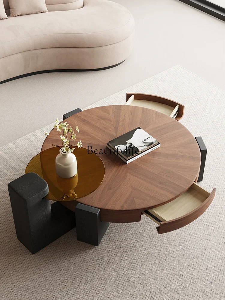

88.Vintage Style Solid Wood Coffee Table Set Italian Small Apartment Living Room Creative Japanese Walnut Round Tea Table