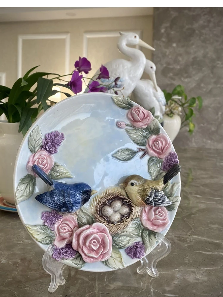 3D Red Rose Bird Lover Decorative Wall Dishes Porcelain Plates Home Decor Crafts Room Decoration Accessories Figurine