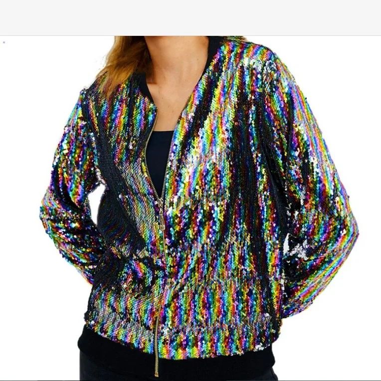 Beaded Zipper Baseball Jacket Colorful Jacket Sequins Women's Jacket