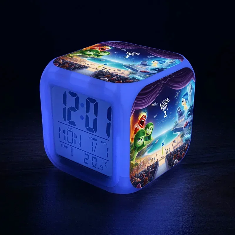 Jam Alarm LED warna-warni tokoh Anime kartun Disney Inside Out Joy Sadness mangkuk lampu malam dekorasi kamar tidur anak-anak pelajar