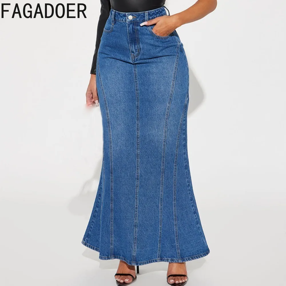 

FAGADOER Retro Blue Fashion Skinny Mermaid Denim Skirts Women High Waisted Button Pocket Skirts Female Elasticity Cowboy Bottoms