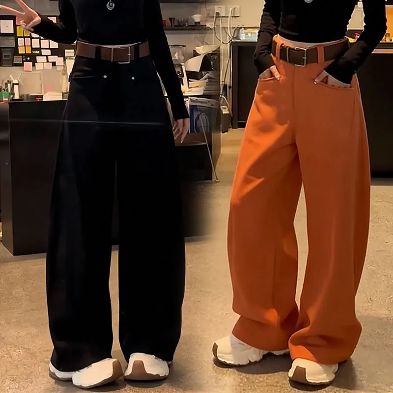 

Женские повседневные брюки с высокой талией, широкими штанинами, на флисовой подкладке, весна 2026, новинка в корейском стиле, длина в пол