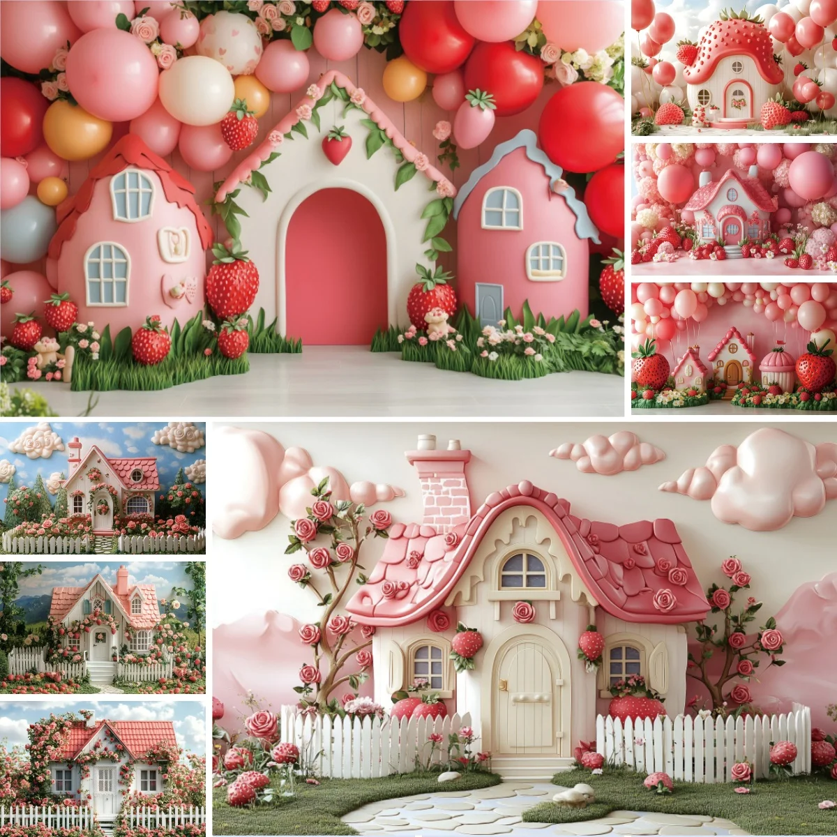 

Фон для фотосъемки «Весенняя клубника»: розовые цветы, воздушные шары, для дня рождения девочки, свадьбы, вечеринки, декоративный фон для фотографий
