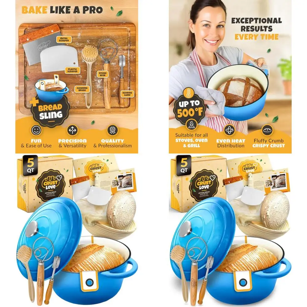 

Enameled Cast Iron Dutch Oven, 5QT, for Sourdough & Bread Baking with Banneton and Starter Kit