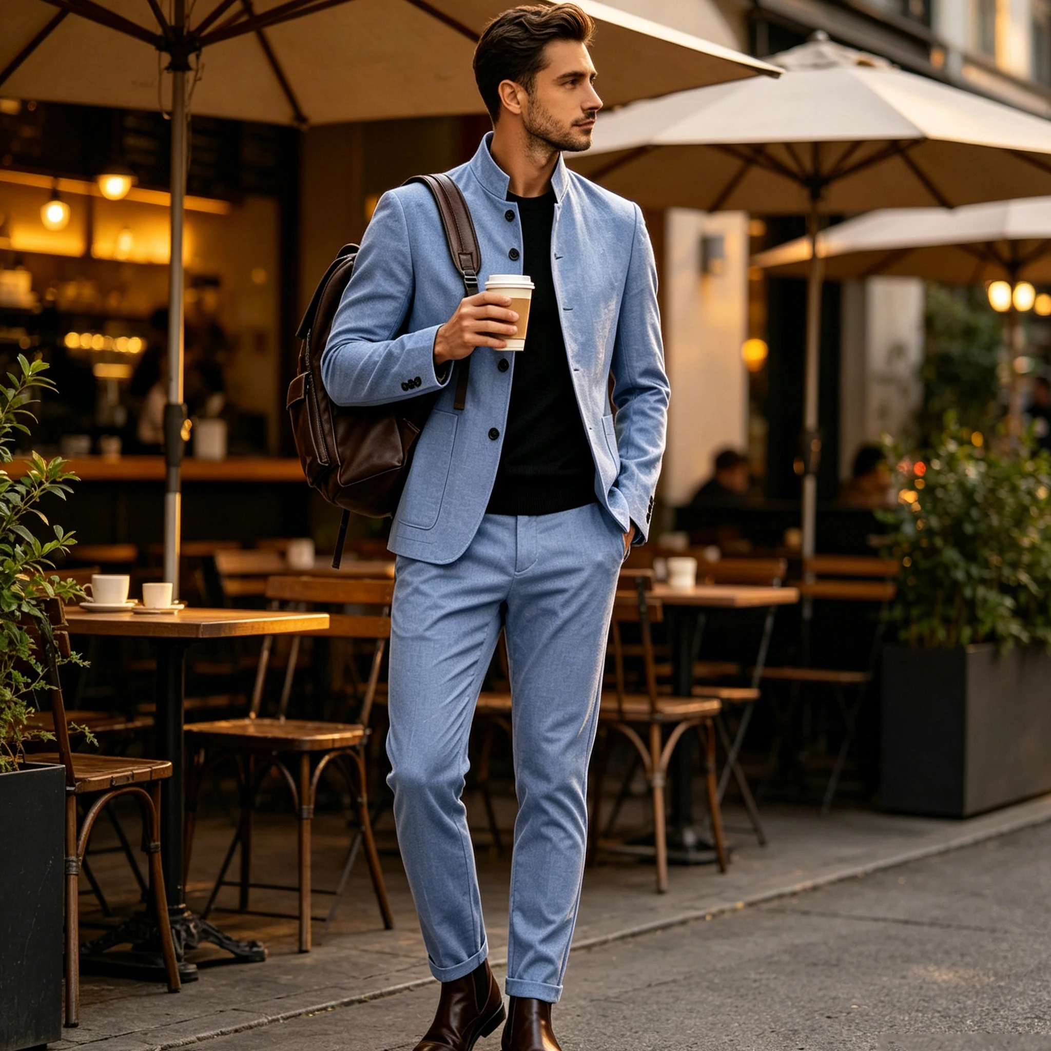 Men's Linen Stand Collar Suit 2-Piece Blazer & Pants Set Slim Fit Business Casual Tuxedo Jacket Trousers Formal Wedding Outfit
