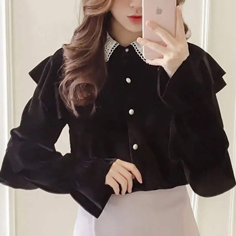 Sweet Ruffles Spliced Velvet Shirt Women\'s Clothing Commute Lace Lapel Autumn Winter Solid Color Elegant Single-breasted Blouse