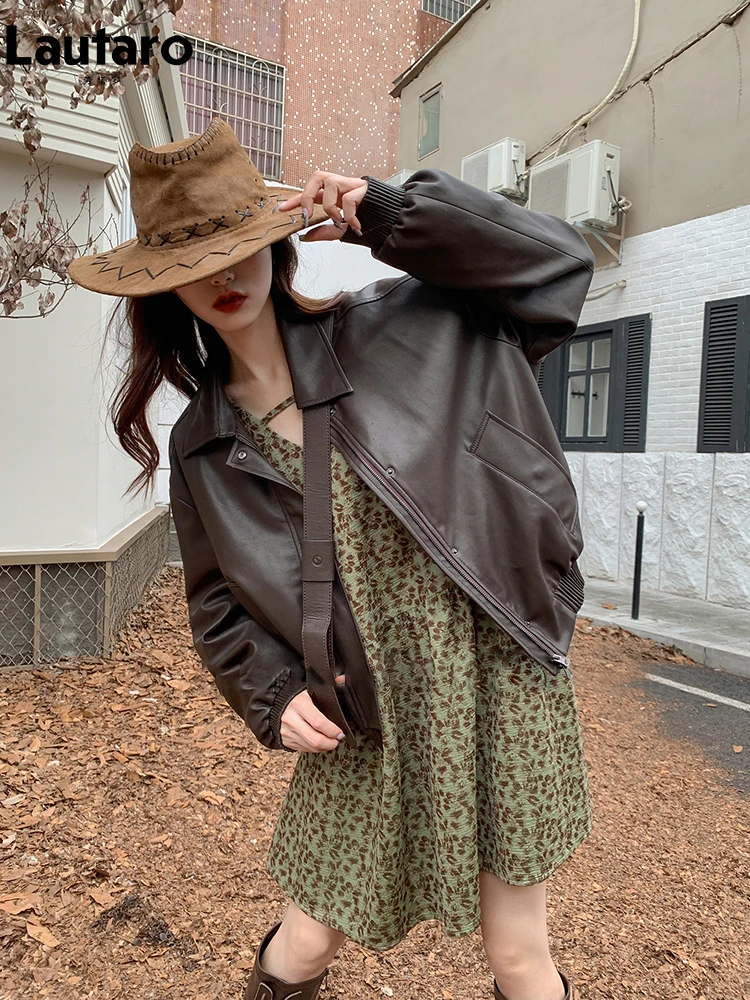 Lautaro Spring Autumn Oversized Casual Waterproof Coffe Soft Pu Leather Jacket Women with Drop Shoulder Long Sleeve Fashion 2023