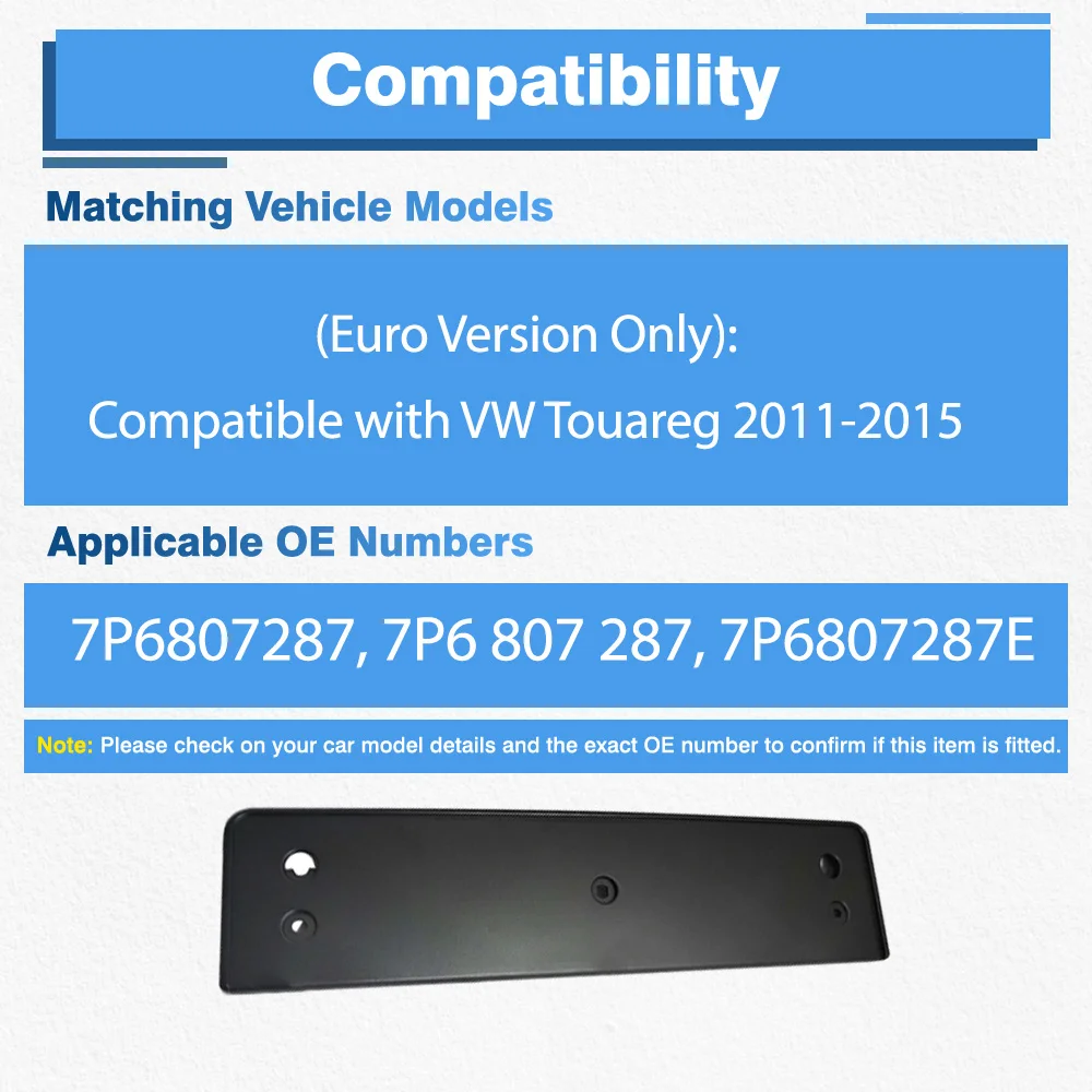 MASO Support Plaque Immatriculation Avant VW Touareg 2011-2015 – Noir, Réf. 7P6807287 / 7P6 807 287
