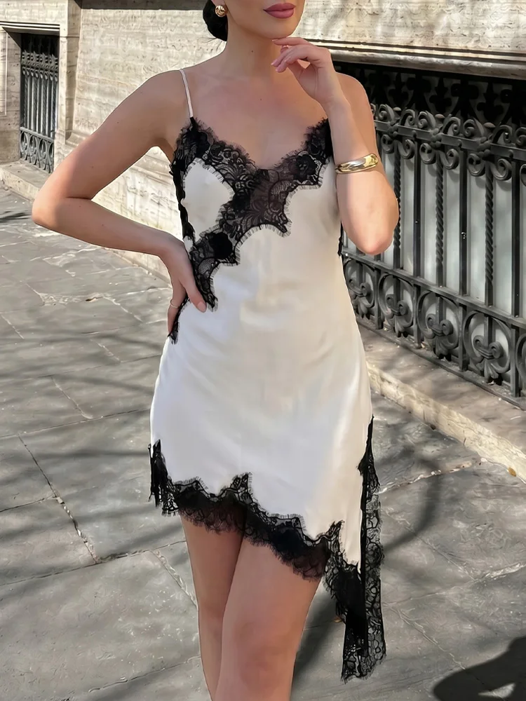 HH Damen Sexy Schickes Spitzenkleid Asymmetrischer Saum Rückenfreies Ärmelloses V-Ausschnitt Kleid Elegantes Modisches Abend-Club-Minikleid