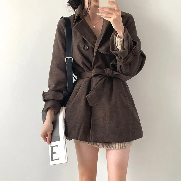 Chic Briti Sle abrigo de lana holgado cortavientos versátil informal cuello vuelto con cinturón prendas de vestir exteriores Retro para mujer