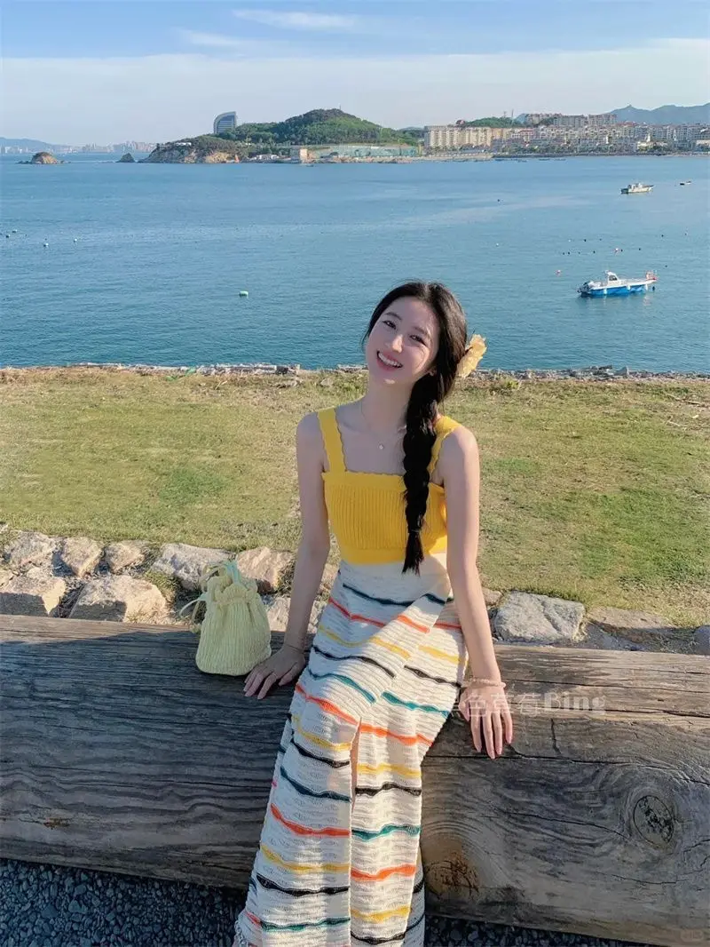 

Women Backless Tie Crop Top Set Summer Rainbow Knit Bodycon Mini Skirt Two Piece Outfit Clubwear Date Night Beach Party Y2K Fash