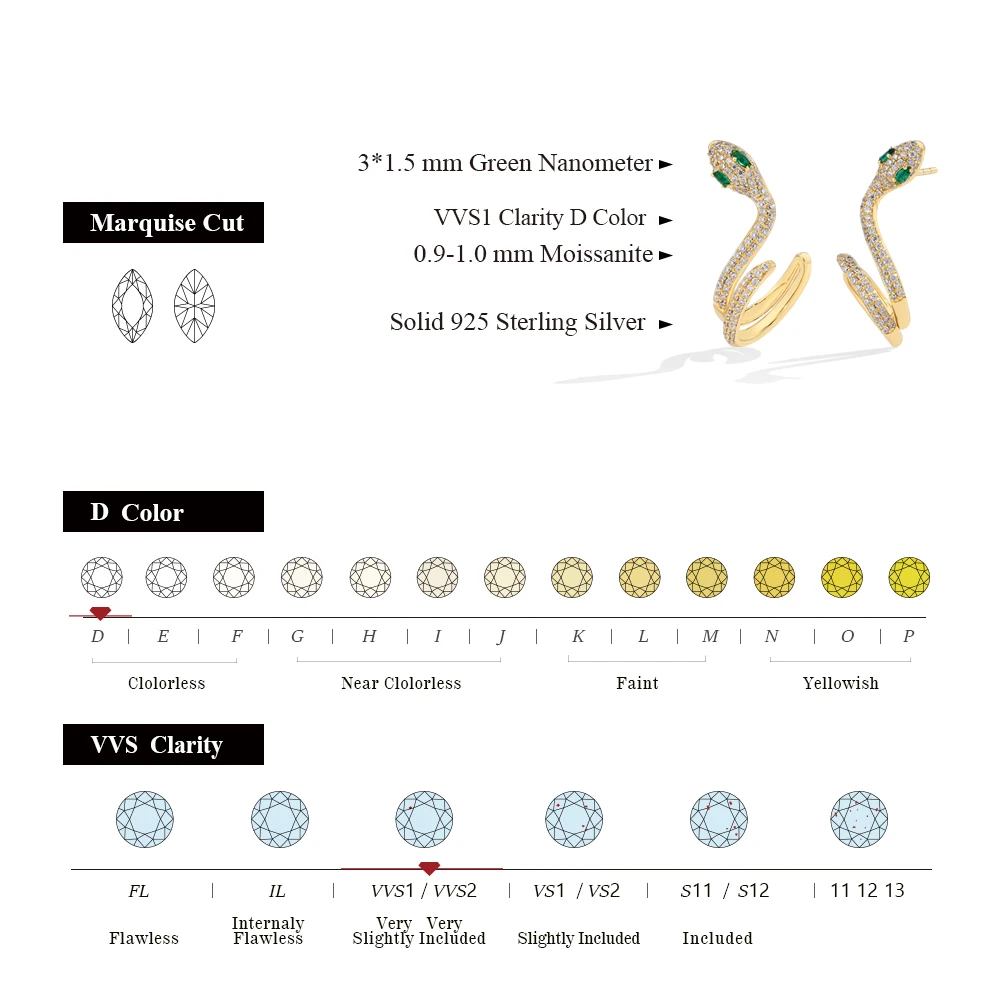 ATTAGEMS New Moissanite Stud Earrings For Women Original Snake Earrings 925 Sterling Silver Wedding Party Jewelry Gift With Luck