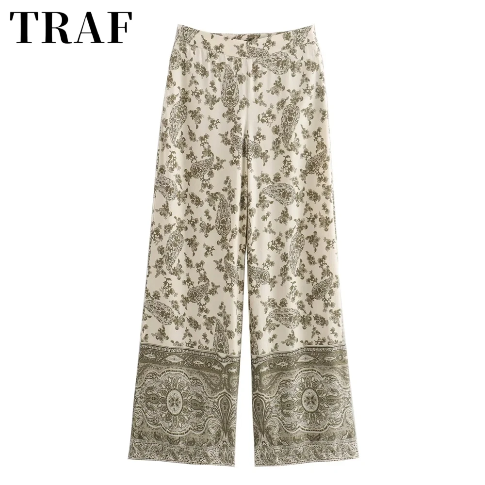 TRAF24 New Product Fashionable European and American Women\'s Clothing Temperament Viscous Fabric Printed Straight leg Long Pants