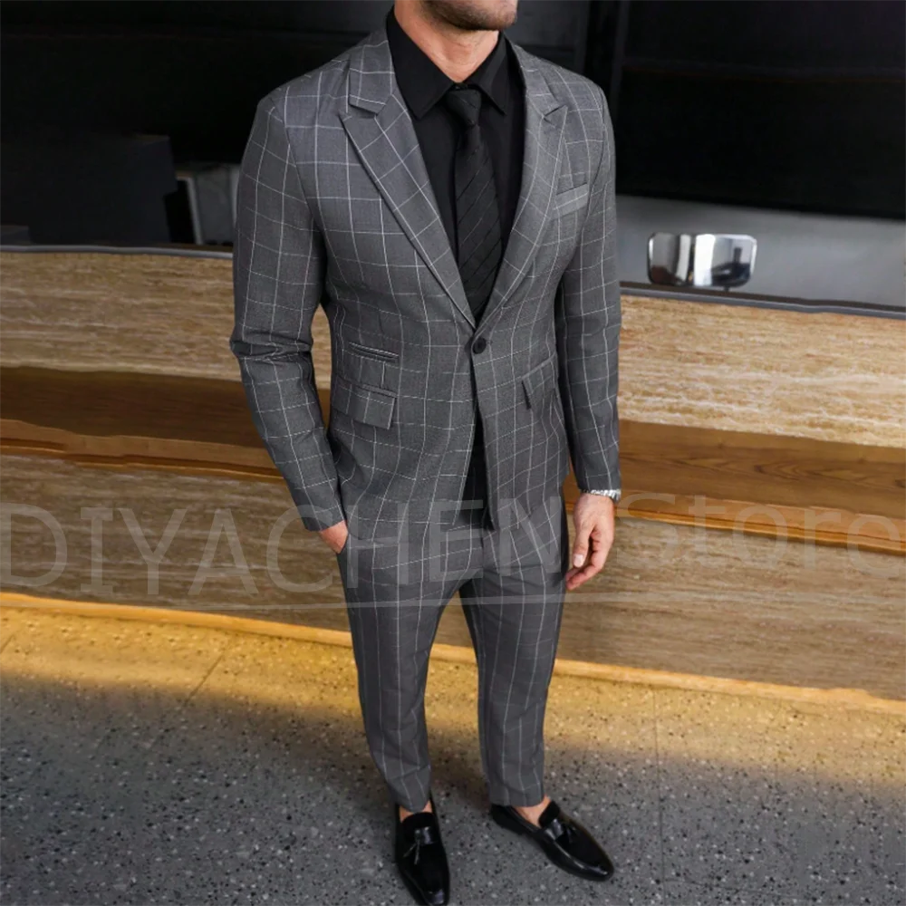 

Мужской серый клетчатый костюм, приталенный пиджак с лацканами на одной пуговице и брюки, деловой повседневный наряд для мужчин, комплект из 2 предметов