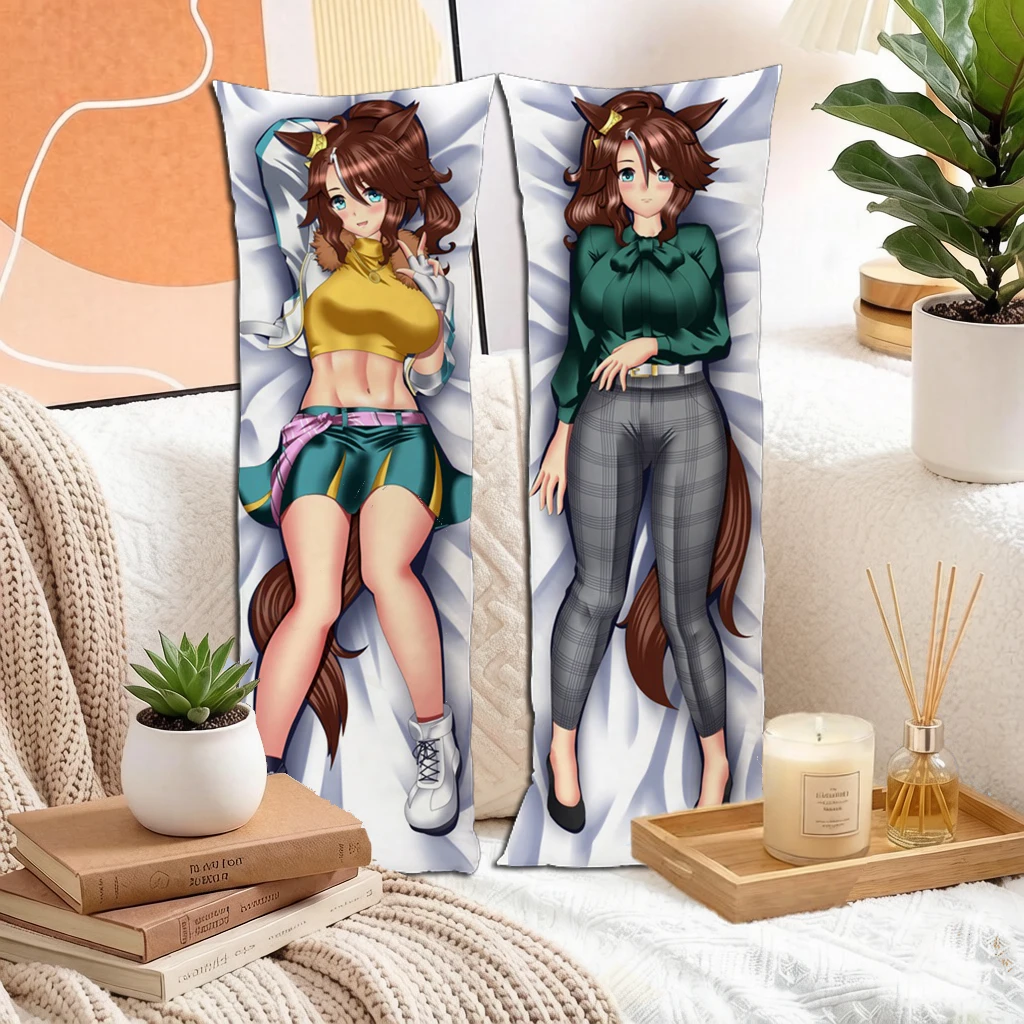 Anime Brown Hair Horse Ears Green Eyes Yellow Top Teal Skirt Girl Dakimakura Pillowcase Double Sided Peach Skin 2way 160x50cm