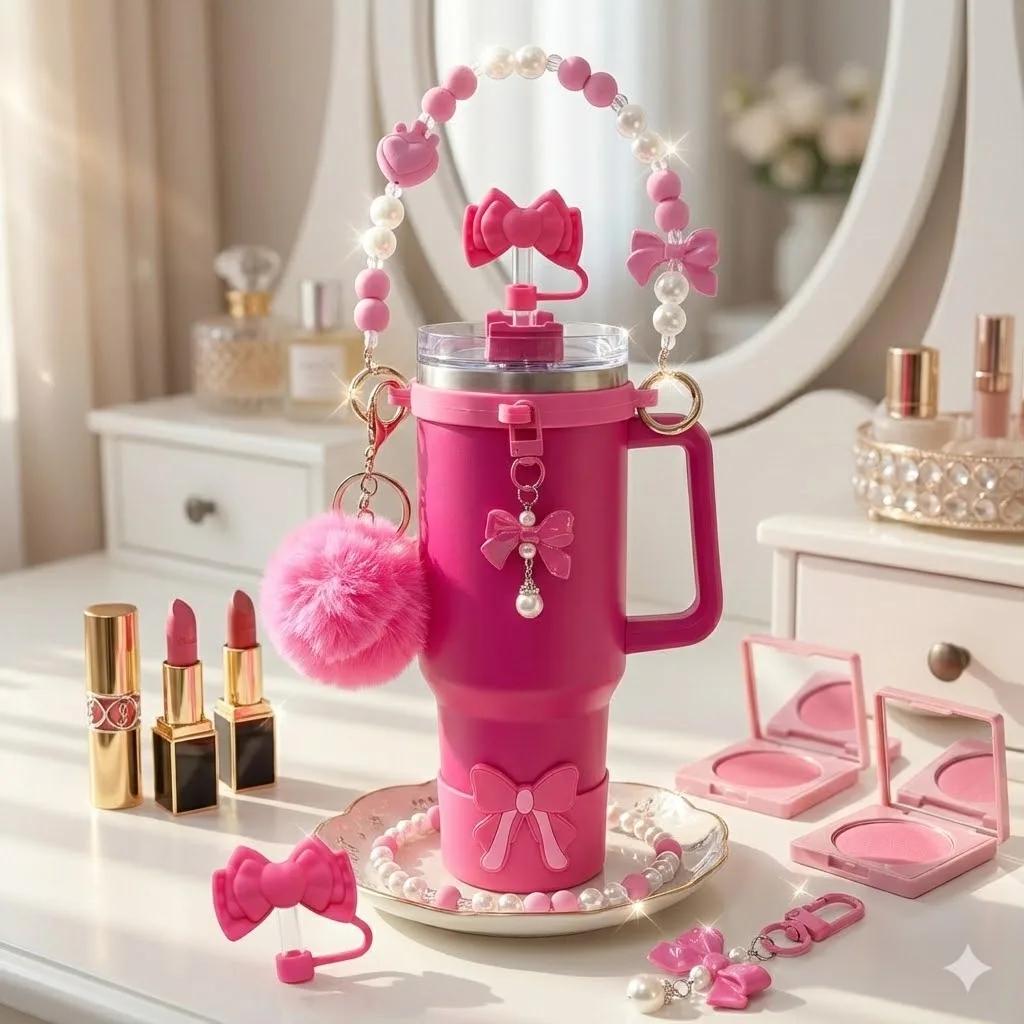 6pcs Coquette Accessories Set for Stanley 40oz 30oz Tumbler Bow Straw Cover, Pearl Handle Chain, Silicone Boot  for Women Gift