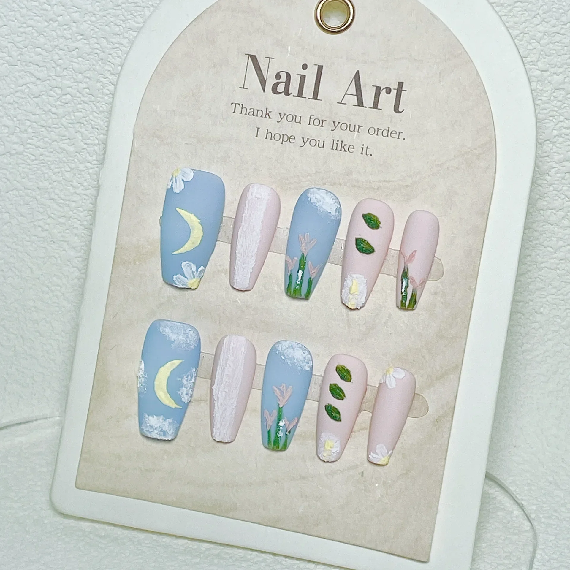 10 Pieces Press On Nails Handmade Rustic Oil Painting Style Plaster Tulip False Nail Patches Removable