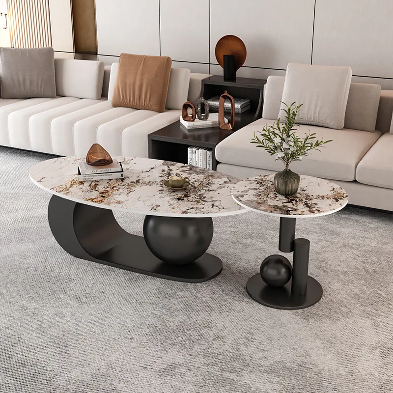 High End Italian Style Luxury Coffee Table Gold Metal Base Rock Plate Tea Table Customized Design Oval Coffee Side Table