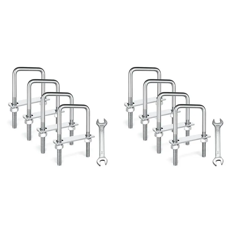 ABJN-8 Set M8 Square U-Bolts,U-Bolts 2 Inch Wide,304 Stainless Steel Square U-Bolts,With Nuts,Bolt Plate And Washers