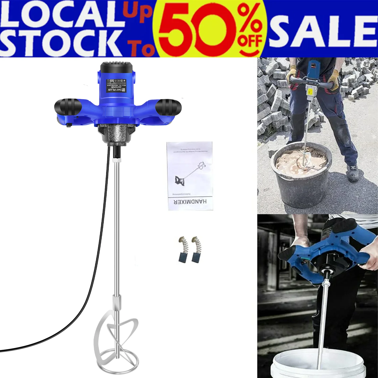Mezcladora de hormigón portátil de 2600 W con brazo agitador, mezcladora de color con 6 velocidades ajustables, agitador de 230 V con brazo agitador para mortero, lechada, pintura, cemento y yeso