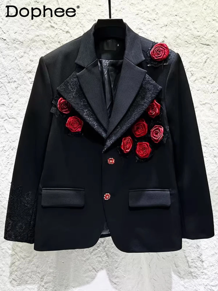 

Men's 2026 Spring Personality Light Luxury High-end Double Collar Splicing Suit Jackets Three-dimensional Flower Stylish Blazers