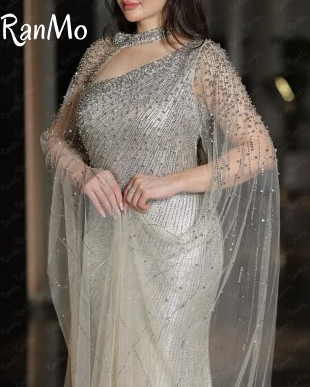 Ranmo 2025 Customised Evening Dress Luxury Beaded Lace Party Gown Graceful Cap Sleeve Mermaid Floor-Length Party Dress فسات