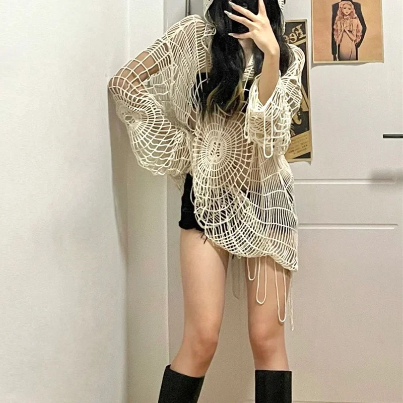 Y2K Hollow Knit con cappuccio top donna Goth Spider Web Spice Girl Mesh pullover femminile moda coreana rete da pesca maglioni