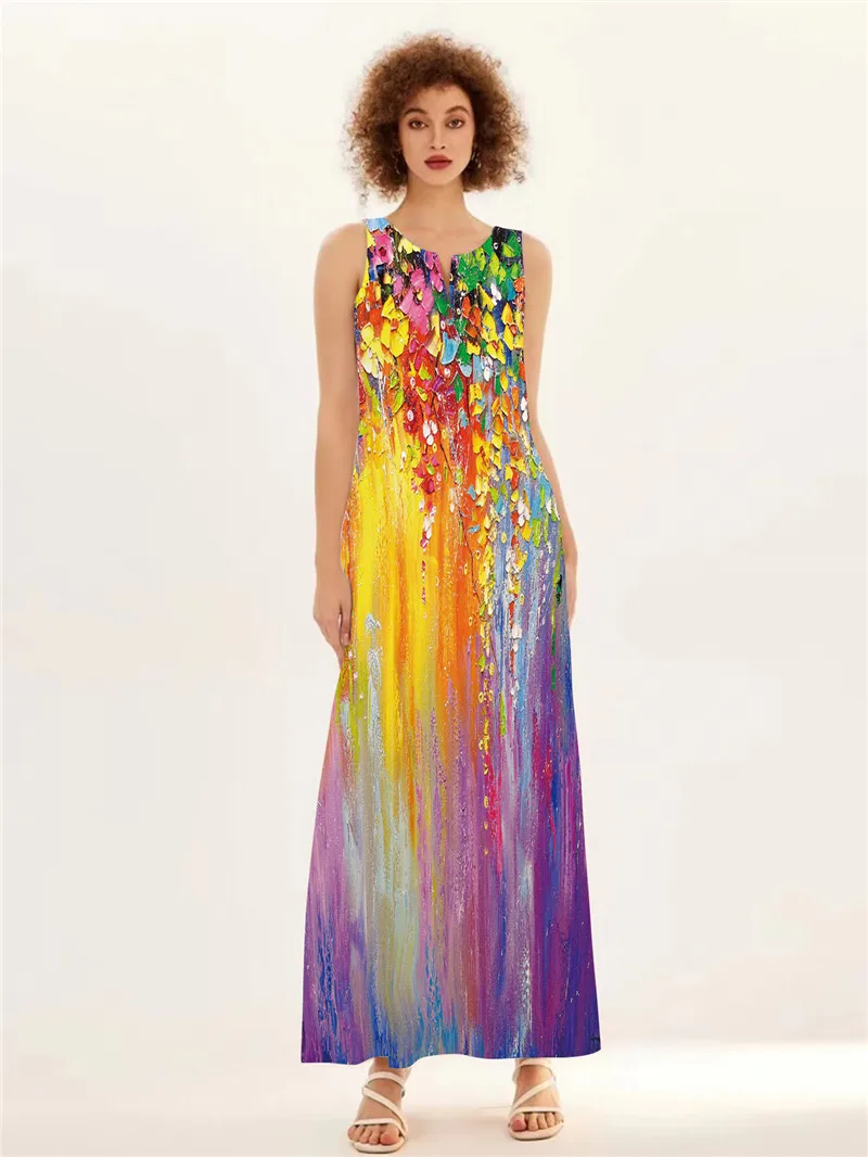 Rainbow Gradient Print Elegant Women's Dress 2024 Summer Sexy Sleeveless V-neck Evening Long Dress Women Casual Party Maxi Dress