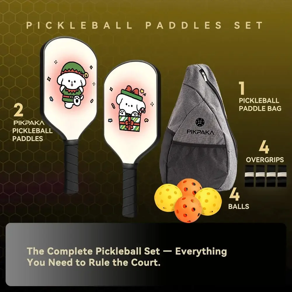 

Pickleball Paddle Set Lightweight Fiberglass 13MM Honeycomb Core Durable Racket with Balls Bag Grip Tape Merry Christmas Puppy