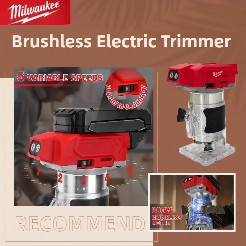 Milwaukee 800W 30000RPM Cordless Electric Trimmer Brushless Compact Router 5-Speeds Woodworking Trimming Machine For 18V Battery