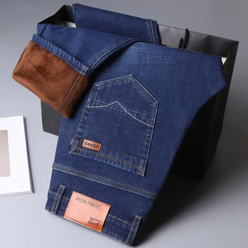 الشتاء الرجال رشاقته الدنيم السراويل فضفاضة مستقيم تمتد رجال الأعمال الدنيم الجينز عادية طويلة الكلاسيكية الجينز الأزرق الأسود بنطلون